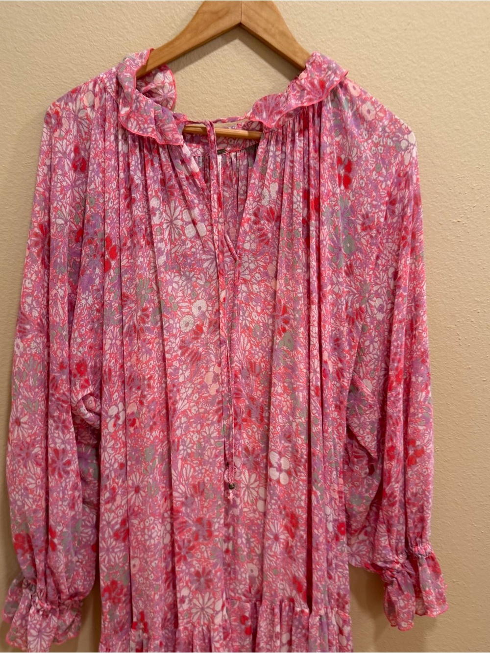 Free People Feelin Groovy Long Sleeve Pink Floral Tiered Maxi Dress Large - Picture 11 of 13